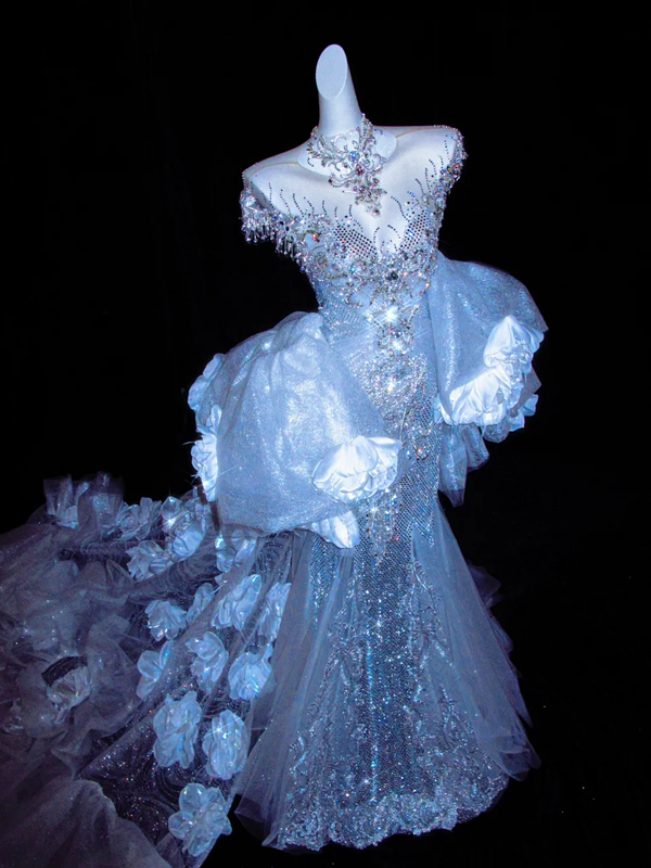 Blue sequined slim waist sexy elegant long skirt, prom dress R5691