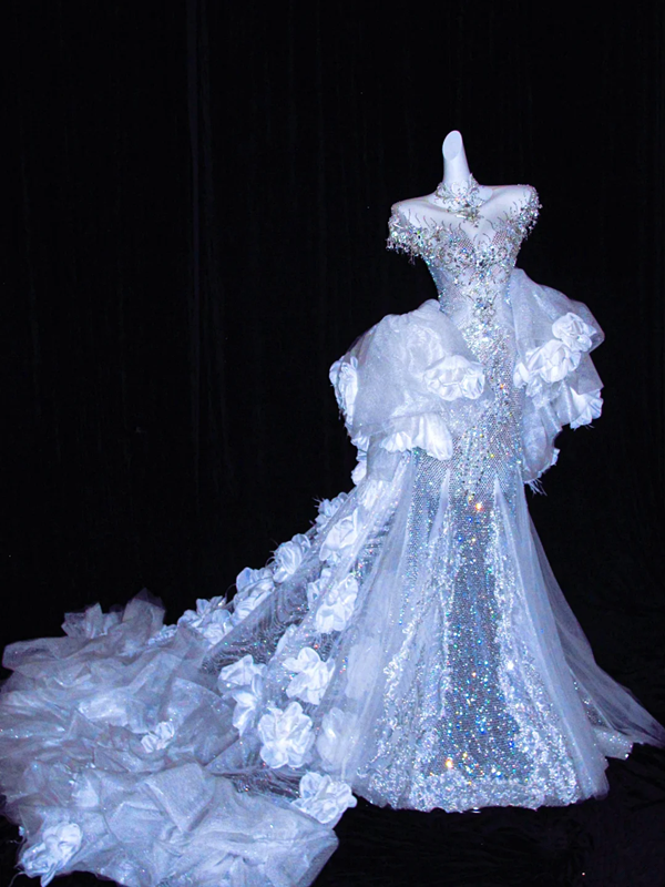 Blue sequined slim waist sexy elegant long skirt, prom dress R5691