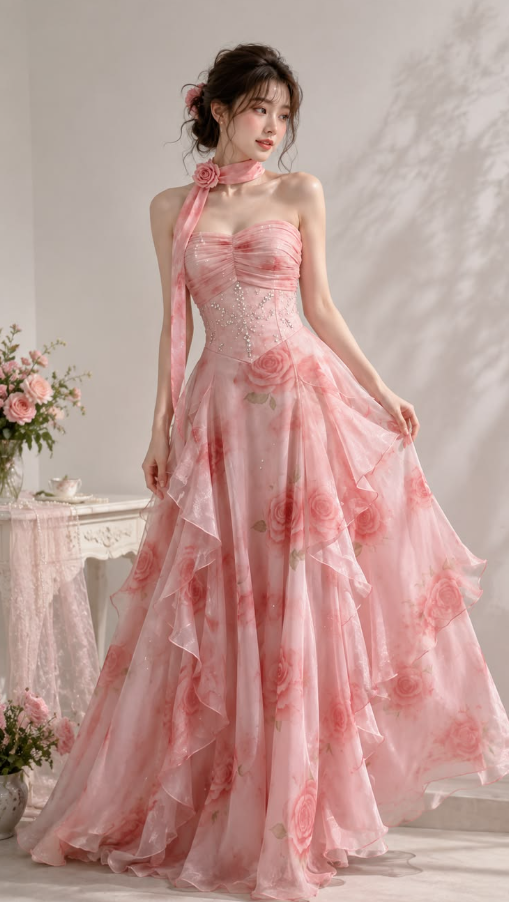 Floral Chiffon Flowy Corset Prom Gown , Pink Women's Maxi Princess Birthday Dress Party Dress RS2404