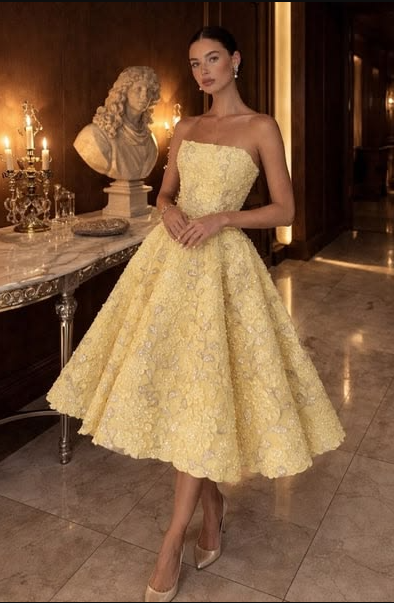 Embroidered High End Strapless Prom Gown , Yellow Women's Maxi Evening Dress Birthday Dress RS2693