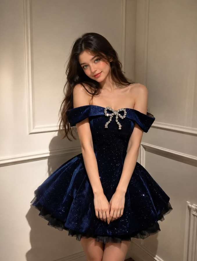 Glitter Silky Tiered Women's Homecoming Dress Navy Corset Short Prom Dress Party Dress RS2627