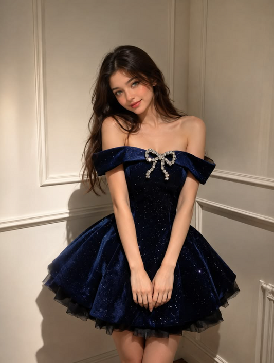 Glitter Silky Tiered Women's Homecoming Dress Navy Corset Short Prom Dress Party Dress RS2627