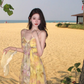 Yellow gradient floral suspender dress with gentle temperament and slim waist R0681