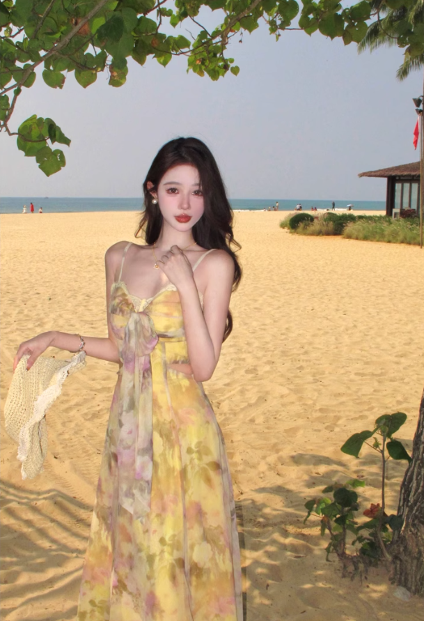 Yellow gradient floral suspender dress with gentle temperament and slim waist R0681