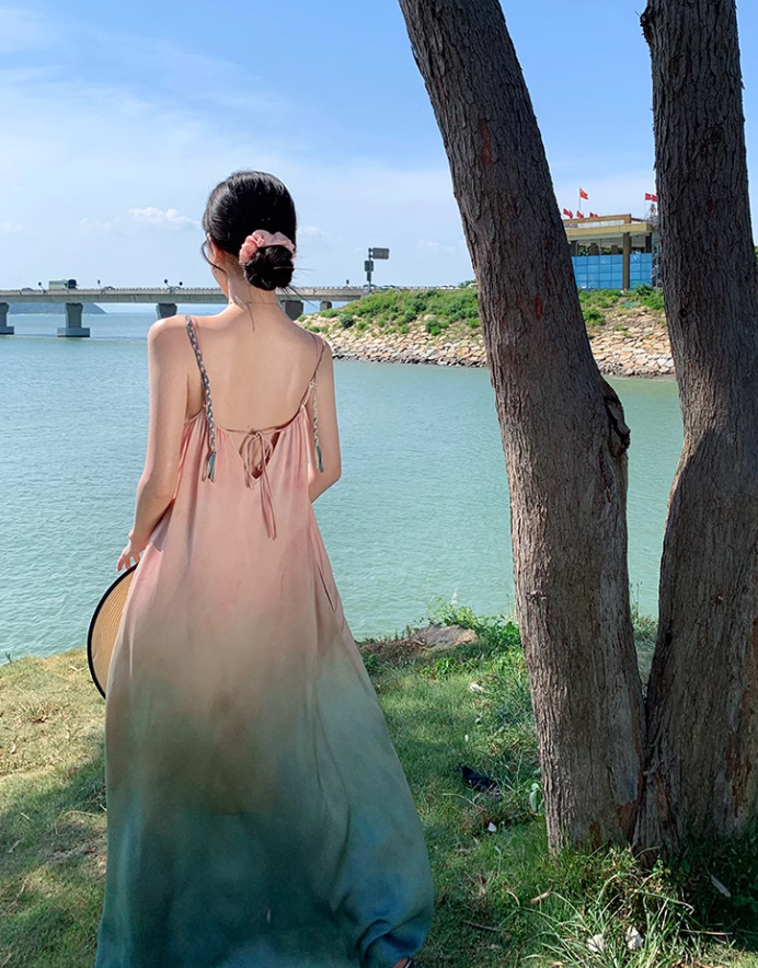 Beach holiday style gradient loose suspender beach dress atmosphere skirt R1580