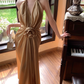 High-end satin backless v-neck halter dress with slim waist and elegant long dress R1779
