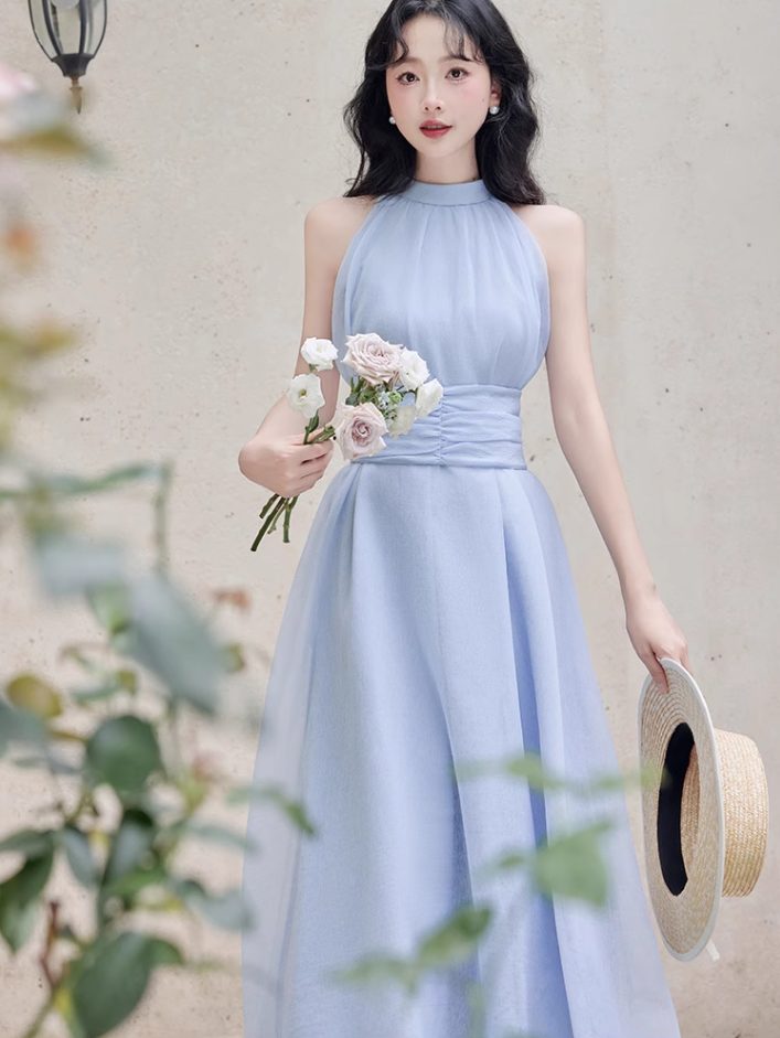 French blue halter neck dress new style holiday style waist beautiful fairy dress R2402