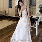 Fairy layered halter neck floral long skirt hollow lace waist temperament suspender dress R1726