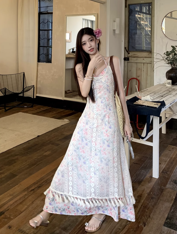 Fairy layered halter neck floral long skirt hollow lace waist temperament suspender dress R1726