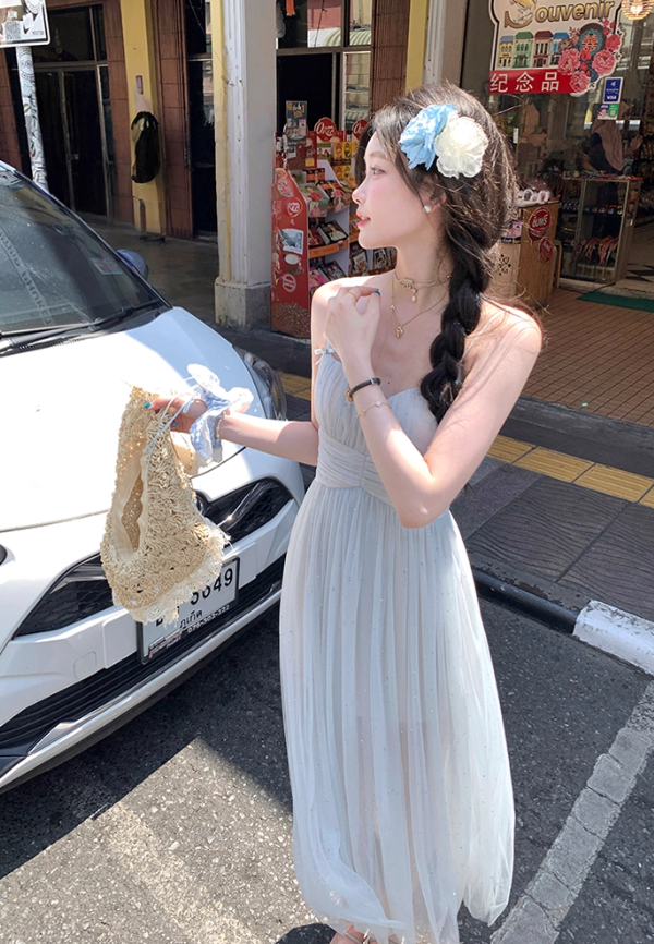 Long V-neck mesh suspender dress summer French loose slim skirt R4910