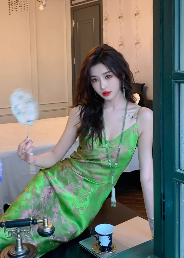 High-grade silk suspender dress 25 new slim fit slimming royal sister printed acetate long skirt R1001