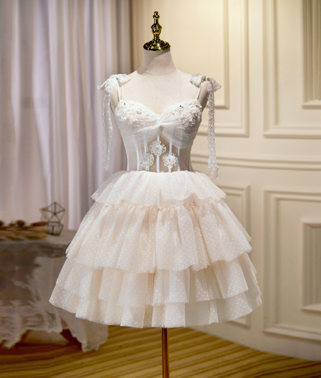 Elegant Champagne Homecoming Dress ,Tulle Frilled Applique Corset Short Prom Dress RS1684
