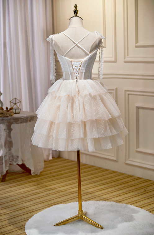 Elegant Champagne Homecoming Dress ,Tulle Frilled Applique Corset Short Prom Dress RS1684