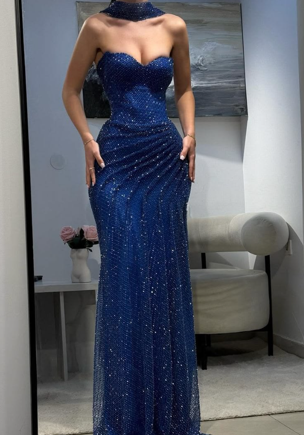 Slim Glitter Sweetheart Prom Gown , Navy Women's Maxi Evening Dress Ball Gown RS2690