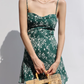 French retro green floral dress looks slim with ruffled edge suspender dress R2868