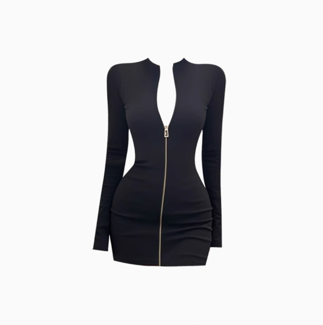 American hot girl stand collar long sleeve zipper dress 2025 slim fit hip skirt R1179