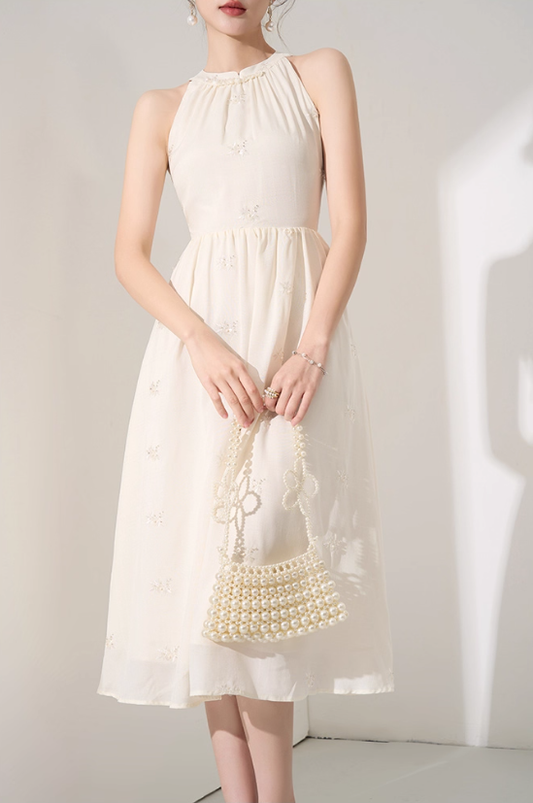 Niche design halter neck dress new summer high-end mid-length French temperament waist skirt R4255