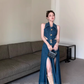 Retro sister style high-end long slim lapel denim skirt hot girl sexy waist sleeveless vest dress R0414