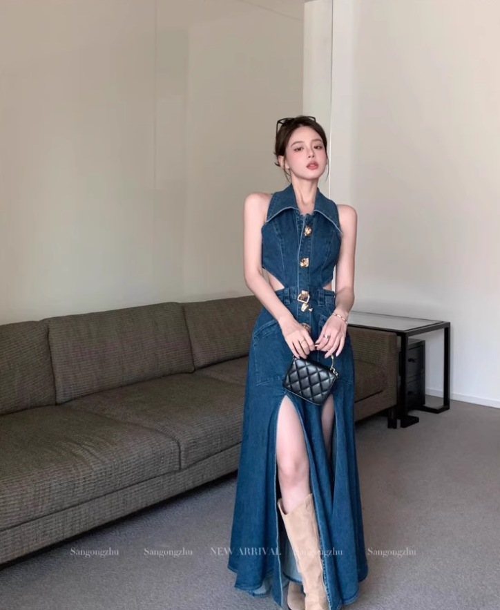 Retro sister style high-end long slim lapel denim skirt hot girl sexy waist sleeveless vest dress R0414