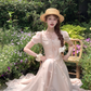 Pink long v-neck short-sleeved waist dress summer French retro temperament high-end dress R4743