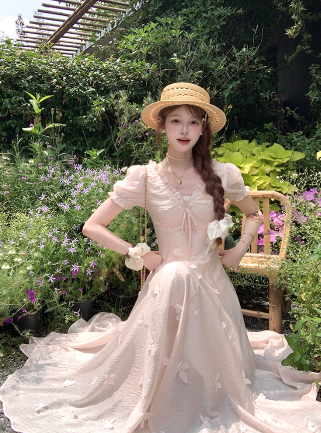 Pink long v-neck short-sleeved waist dress summer French retro temperament high-end dress R4743