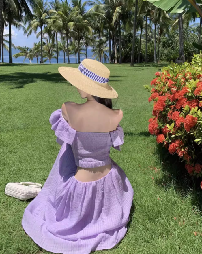 Super fairy long skirt with small flying sleeves white waist-baring dress holiday beach skirt R1607