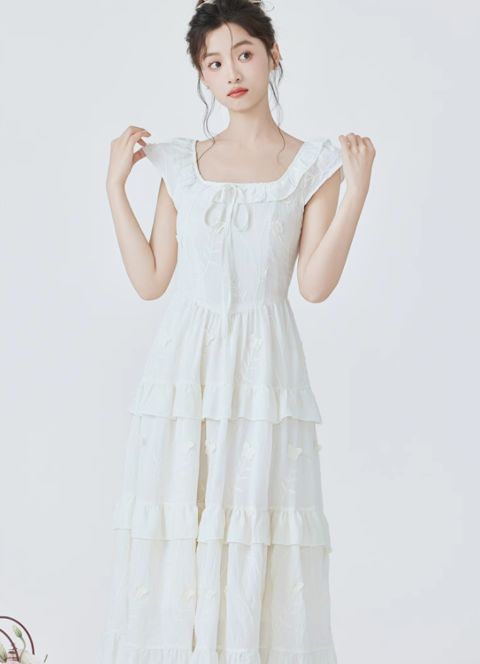 Tea break French gentle style sweet dress new waist temperament long dress R2378