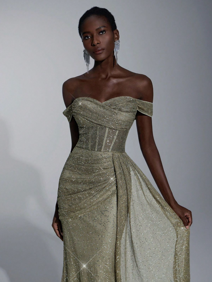 Elegant Sliver Glitter Mermaid Strapless Corset Maxi Evening Dress Prom Dress RS554