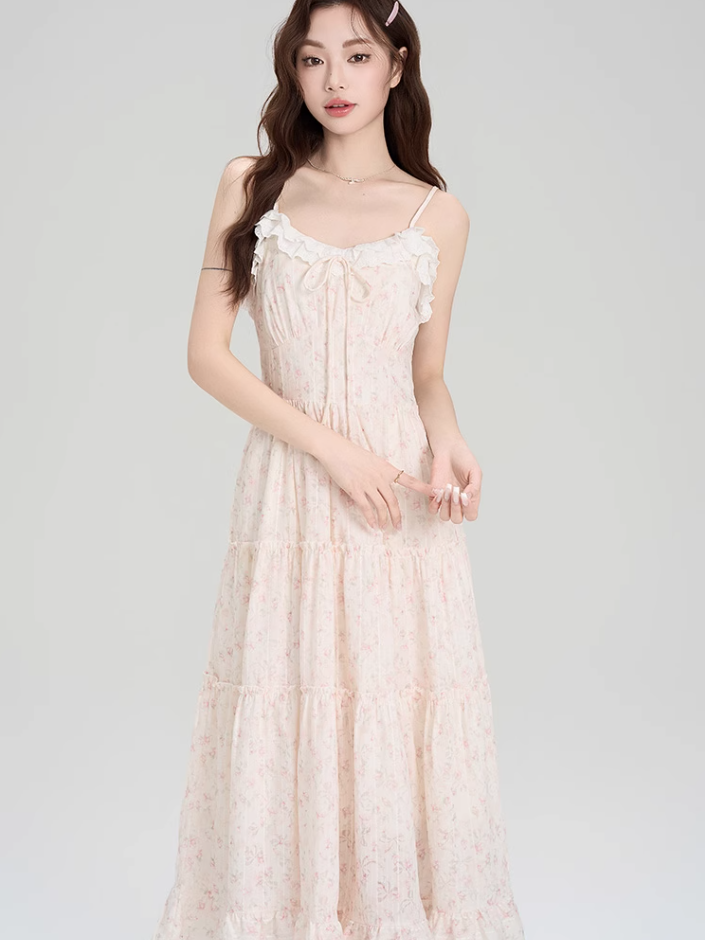 French floral suspender skirt, beautiful and gentle style dress with cardigan two-piece suit R2382