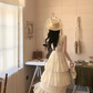 French retro V-neck ruffled cake skirt sleeveless gentle style holiday long skirt R4298