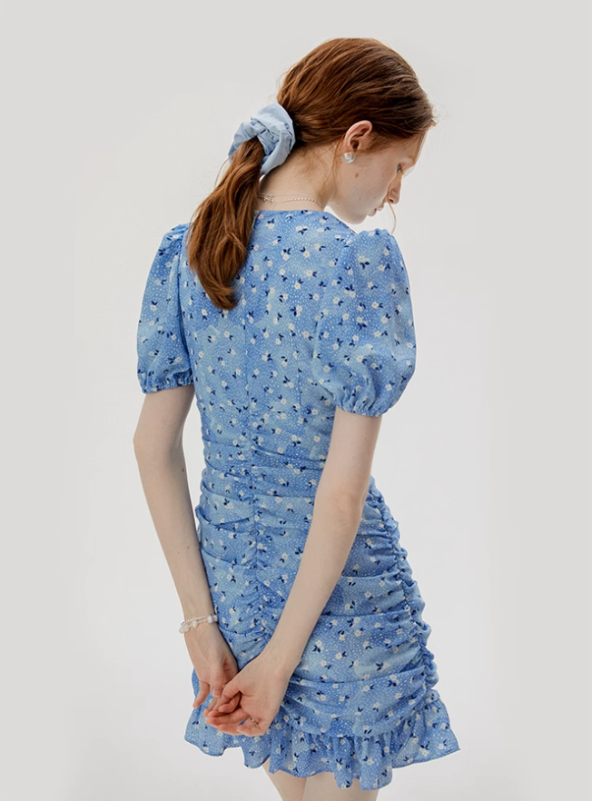 Short hip skirt summer French floral skirt blue petite pleated dress female summer R3484