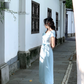 Light blue irregular dress summer new style generous and decent temperament slim long skirt R4220
