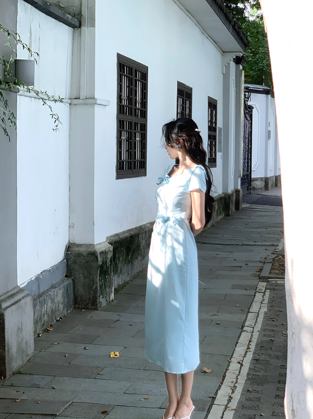 Light blue irregular dress summer new style generous and decent temperament slim long skirt R4220