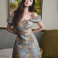 Retro Sliver Floral A-Line Off-the-shoulder Corset Maxi Evening Dress Prom Dress RS557