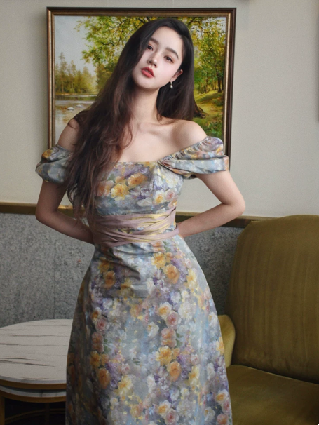 Retro Sliver Floral A-Line Off-the-shoulder Corset Maxi Evening Dress Prom Dress RS557