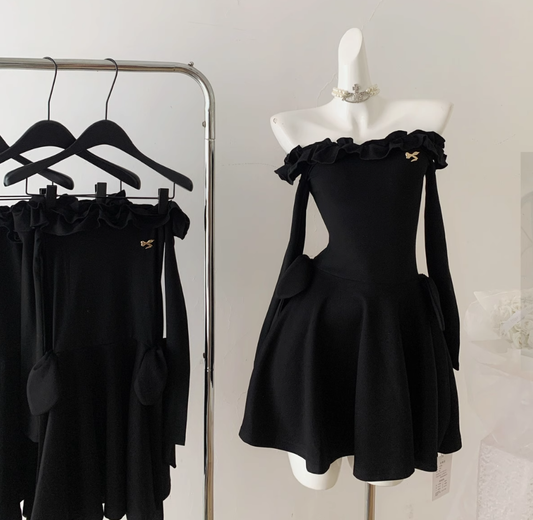 Little black dress one shoulder dress waist black high-end temperament skirt R1996