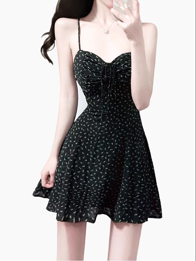 2025 Summer New Black Retro Floral A-line Waist Short Suspender Dress R0977