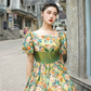 French Retro Bright Yellow Floral A-Line Square Bow Back Accessory Corset Maxi Evening Dress Prom Dress RS558