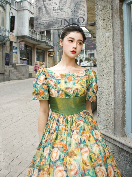 French Retro Bright Yellow Floral A-Line Square Bow Back Accessory Corset Maxi Evening Dress Prom Dress RS558
