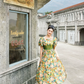 French Retro Bright Yellow Floral A-Line Square Bow Back Accessory Corset Maxi Evening Dress Prom Dress RS558