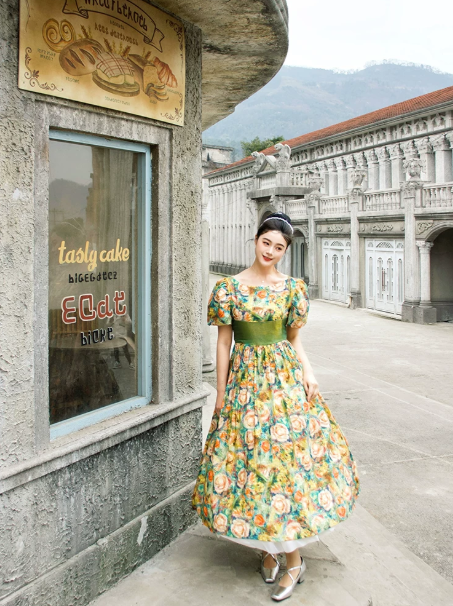 French Retro Bright Yellow Floral A-Line Square Bow Back Accessory Corset Maxi Evening Dress Prom Dress RS558