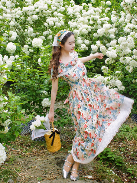 Retro Floal A-Line Square Lace Hem Corset Maxi Summer Dress Prom Dress RS560