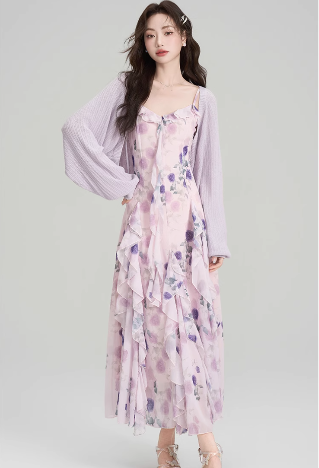 French holiday style dress summer ruffled floral suspender skirt with cardigan suit R2365