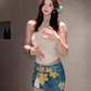 Beautiful sexy hot girl beautiful white halter neck top floral skirt two-piece suit R0896