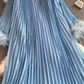 New French retro diamond round neck loose long trumpet sleeve pleated dress R0311