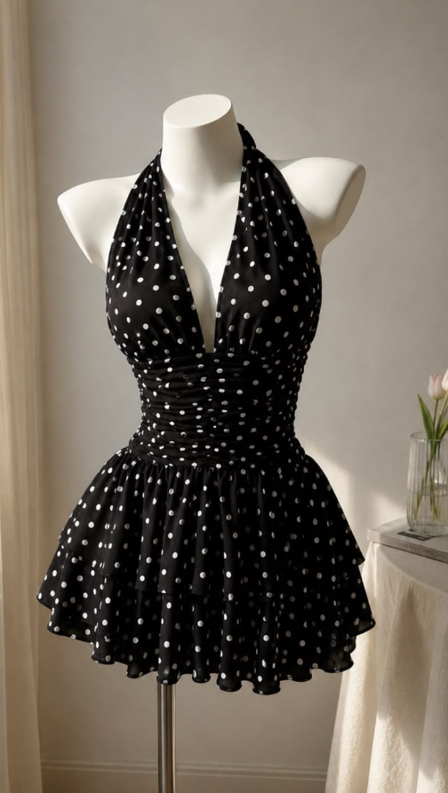 Polka Dots Halter Women's Homecoming Dress Black Corset Short Prom Dress Party Dress RS2445