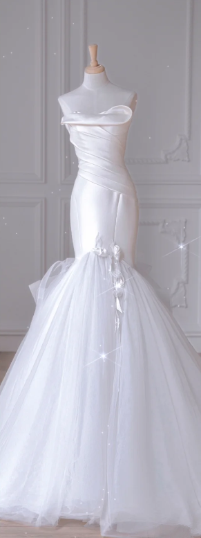 White Strapless Satin Waist Slim Mermaid Tulle Bridal Dress R6007