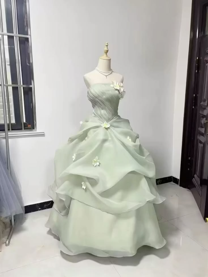 Tulle Puffy Applique Corset Prom Gown , Soft Green Women's Maxi Quinceanera Dress Ball Gown RS2543