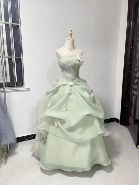 Tulle Puffy Applique Corset Prom Gown , Soft Green Women's Maxi Quinceanera Dress Ball Gown RS2543
