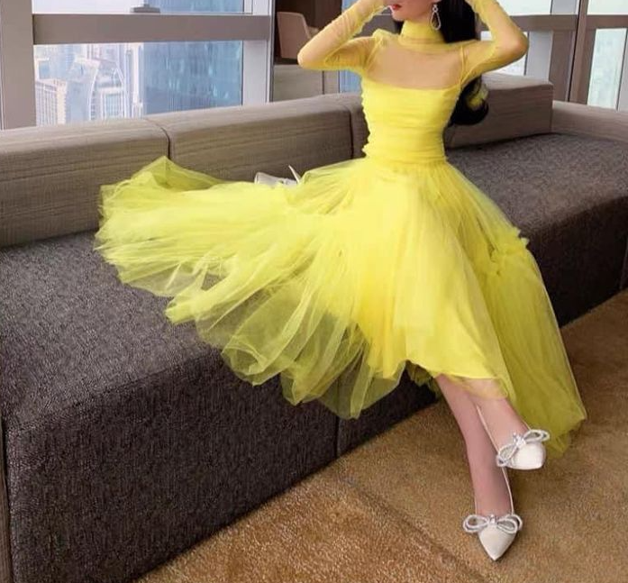 Hazy Tulle Puffy Prom Gown , Yellow Women's Maxi Evening Dress Birthday Dress RS2706